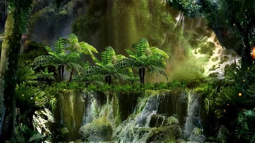 Peaceful nature Traditional Chinese style Mysterious forest waterfall flying birds, green mountains
