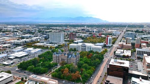 Flying closer to the beautiful building of the Salt Lake City and County Building