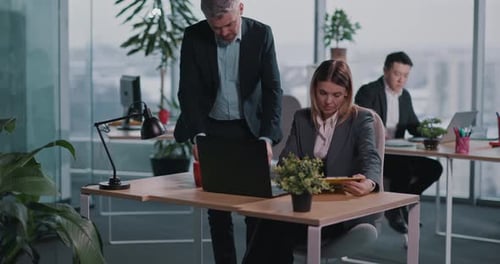 Couple of Caucasian Corporate Colleagues Using Laptop Checking Financial Agenda Information Report