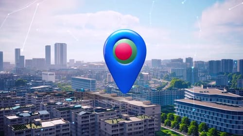 3D Location Pin with Bangladesh Flag Animation Over Cityscape