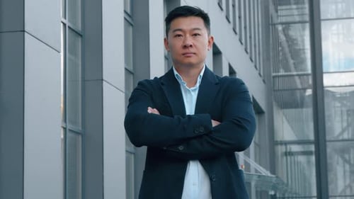 Portrait Confident Chinese Business Man Posing in City Crossed Hands Korean Businessman Looking at