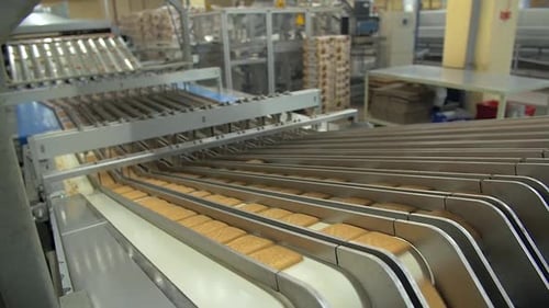 lots of square cookies are pressed together on conveyor line before being packed