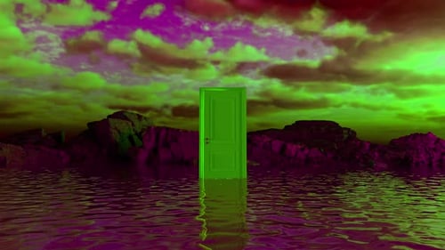 Porte vert vif s'ouvrant dans un paysage aquatique surréaliste