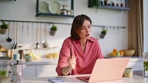 Exhausted Brunette Touching Head at Kitchen Closeup Frustrated Woman Working