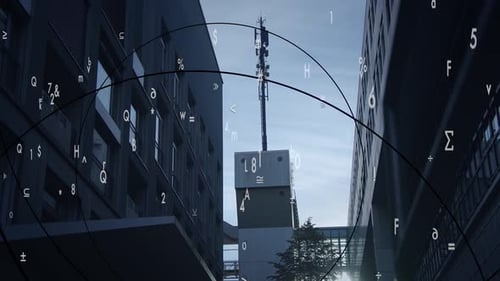 Un paysage urbain captivant présentant une architecture moderne et des éléments numériques intrigants