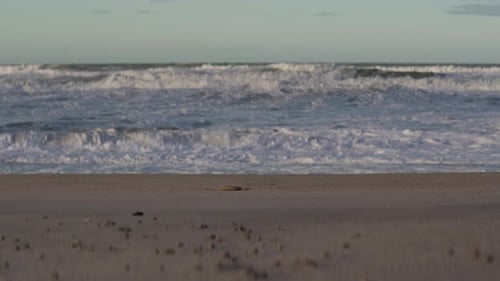 Meereswellen krachen am Sandstrand mit Kieselsteinen im Vordergrund