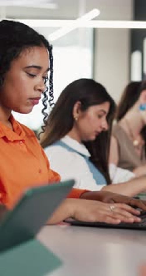 Woman, thinking or typing in office with laptop for news investigation, research or editing report