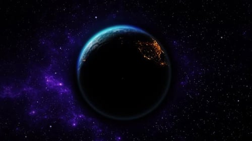 Closeup View of Blue Earth Space at Night and Day Lights on Planet