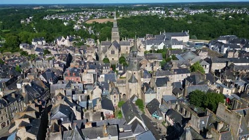 Approaching aerial movement from the Tour de l'Horloge or Clock Tower and Saint Sauveur basilica, Di