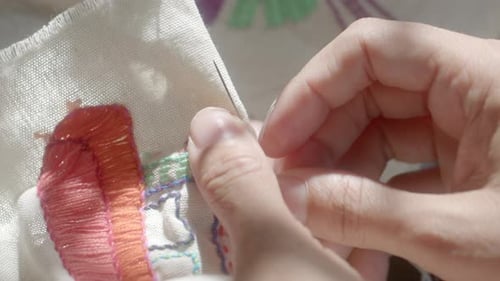 Hands doing delicate needlepoint - isolated close up craft