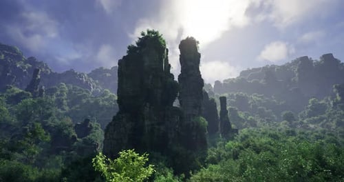 Majestic Stone Formations Rise Above Lush Greenery in Tranquil Nature Setting