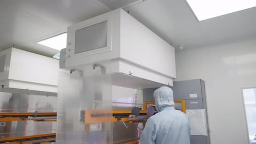 Cleanroom Technician Working Beneath a Laminar Flow Hood with HEPA Filtration Inspecting Racks and