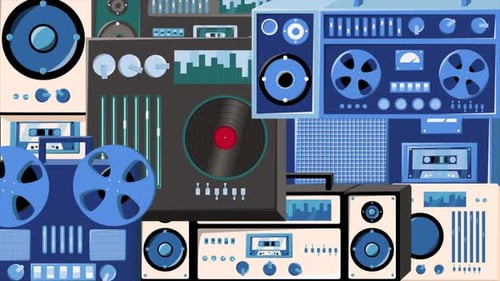Hintergrund: Kassettenrekorder, alte Vintage-Hipster-Musiktechnik, Audiogeräte