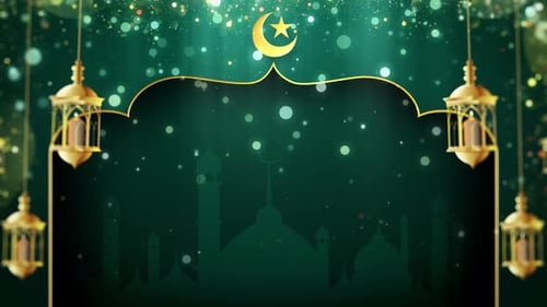 Animated Islamic Background with Golden Lanterns and Crescent Moon