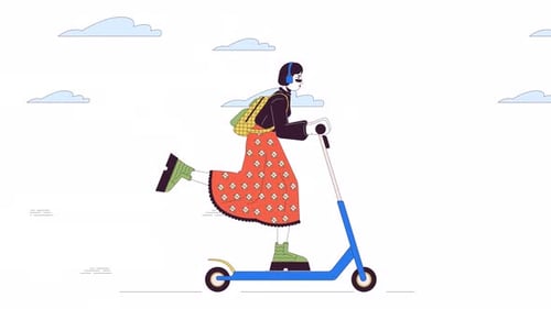 Korean Fashionable Woman Riding Electric Scooter Line Cartoon Animation