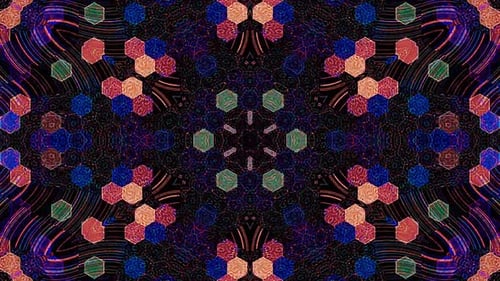 Abstract digital 3D animation. Colored curved circular lines on black background, seamless star