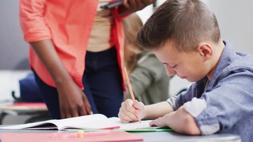 Diverse female teacher and schoolchildren at desks in school classroom