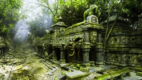 Ancient Ruins of a Temple Complex Engulfed By Lush Greenery in a Forest