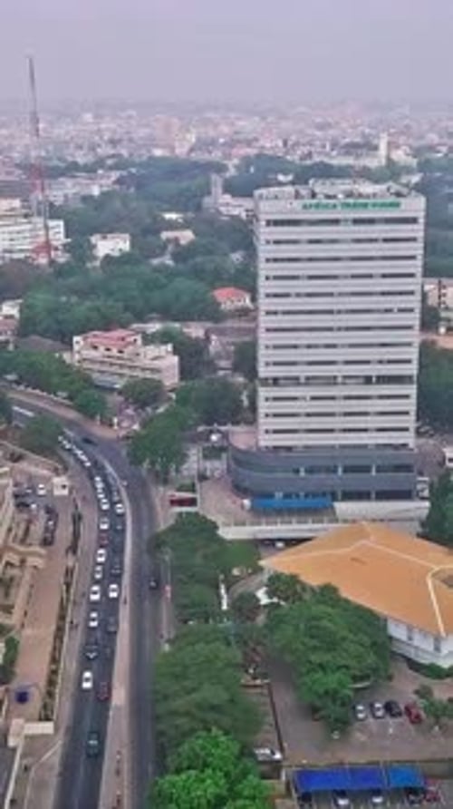 Aerial Accra Ghana urban neighborhood homes temple