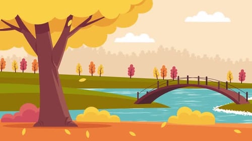 Animated Autumn Park Landscape with River and Arch Bridge
