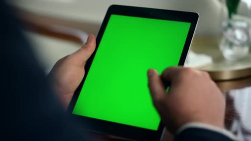 Worker Hands Holding Green Screen Tablet Closeup. Successful Man Using Mockup Digital