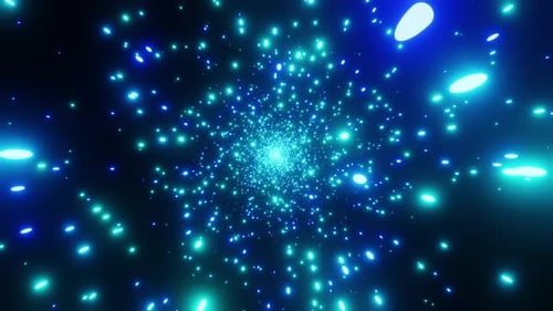 Un flux de particules bleues pénètre dans le rendu 3D de la boucle VJ de la caméra. Contexte pour boîte de nuit, rave