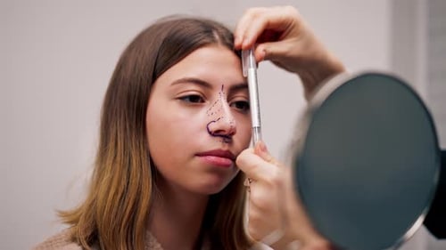 close-up doctor holds an ENT instrument to measure the nose of a female patient before surgery