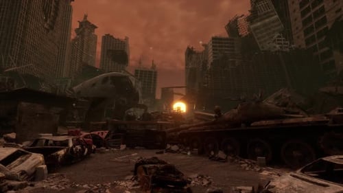 Destroyed Skyscrapers and Tank in Ruined Urban Warzone
