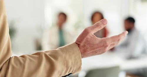 Conference, presentation and hand of person in office with advice for planning