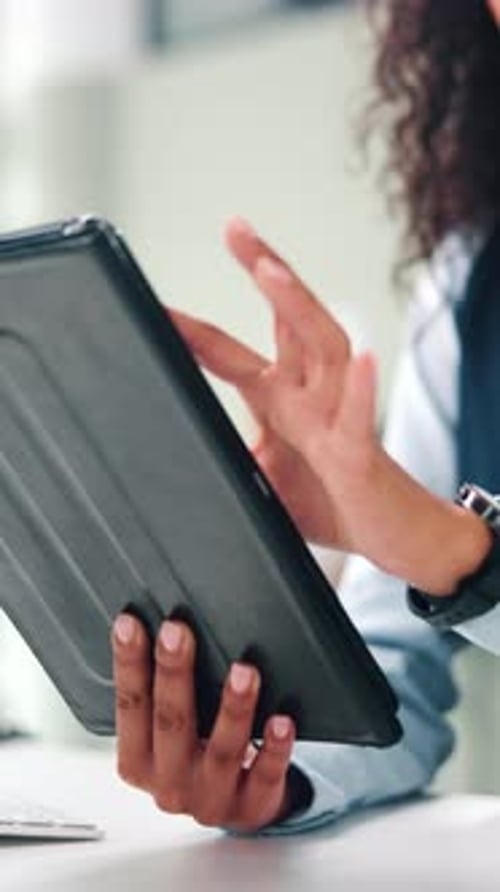 Research, online and hands with tablet in office and planning for investment, employee and browsing