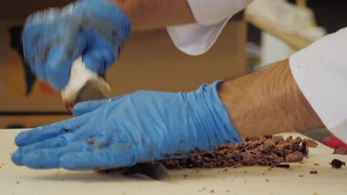 Close Up of Chef Cutting Baked Beef Into Slices with Knife on Cutting Board