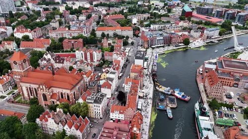 Riverside old downtown of Gdansk. Aerial view at daytime