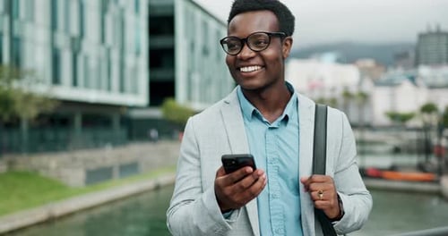 Business travel, phone and black man laughing in a city with social media