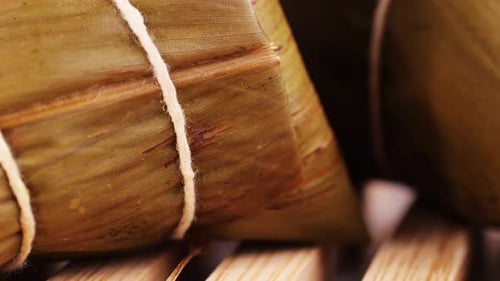 Hand Holding Zongzi (Rice Dumpling) with Savoury Fillings Wrapped in Bamboo or Reed Leaves
