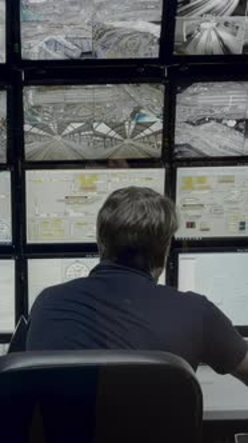 Security Officer Controls CCTV Cameras in Office Uses Digital Tablet and Computers Media High Tech