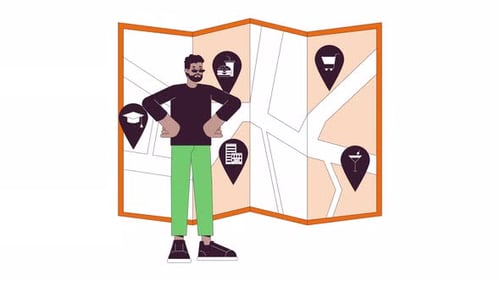Animated Person with Map and Flat Design Location Pins