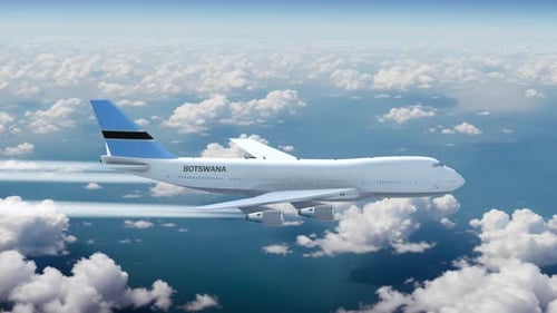 Commercial Airliner Passanger Plane Jumbo Jet Flying Over Clouds With Country Flag Botswana