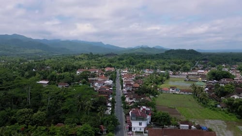 Vista aérea de una carretera recta que conduce directamente al templo de Borobudur. Zumbido de la zona circundante