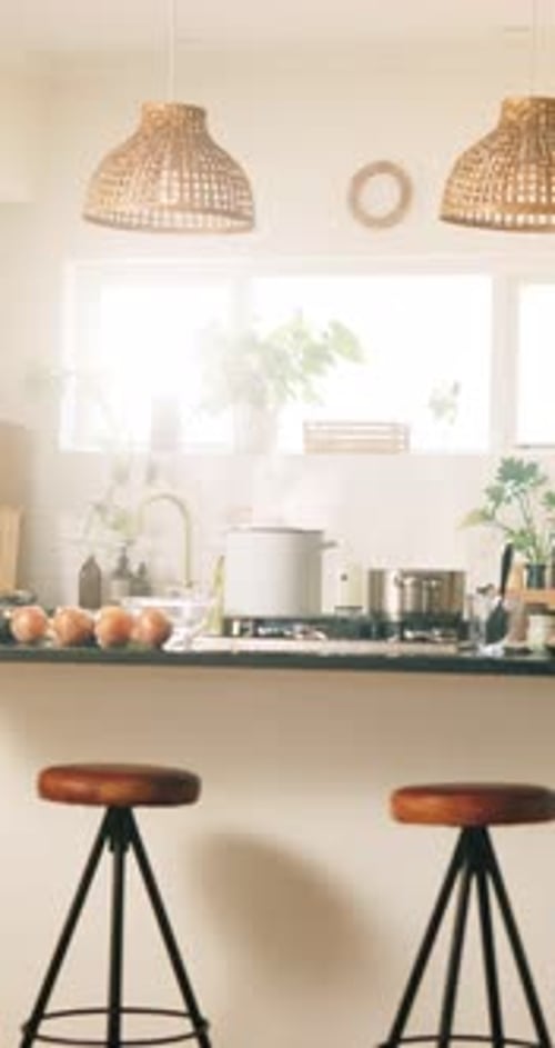 Empty room, kitchen and home with cooking, pot and onion with ingredients