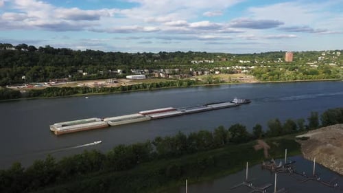Aerial view of barge on Ohio River, United States.