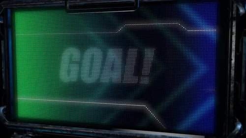 3D animated motion graphics design of a hi tech screen flashing a lightboard style sports title card