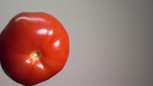 Eine reife Tomate erhebt sich und dreht sich in Zeitlupe