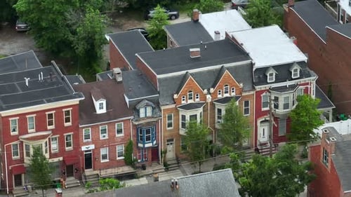 Row of American houses community in historic town of USA. American architectures homes at street. Ae