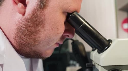 Adult Male Scientist Using Microscope in Laboratory