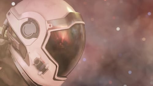 Space Concept Kopf eines Astronauten mit Helm Nahaufnahme Flug durch den Weltraum 3D-Animation von