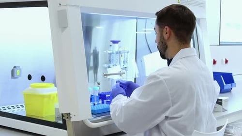 Scientist Works Carefully in Brightly Lit Laboratory