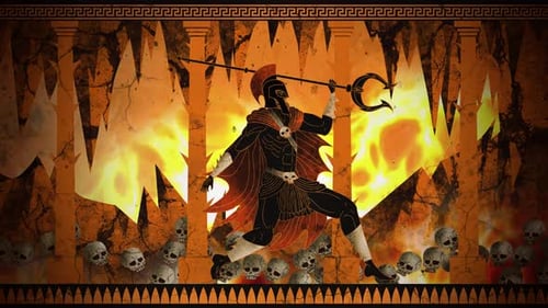 Ancient Greek Warrior Animation with Fiery Underworld Background