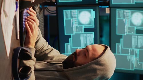Vertical Video Dangerous Programmer Hacking Security System to Steal Big Data
