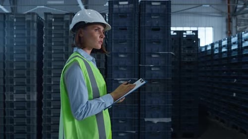 Woman Storehouse Employee Noting Shipment Details Examining Factory Warehouse. Caucasian Professi...