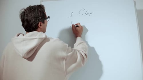 An Adult Man in Glasses and Casual Clothes Writes a Roadmap and Principles for the Development and